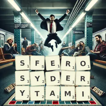 Kreatywna ilustracja do gry w Scrabble ze słowem SFEROSYDERYTAMI ułożonym z płytek na planszy.