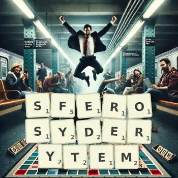 Kreatywna ilustracja do gry w Scrabble ze słowem SFEROSYDERYTEM ułożonym z płytek na planszy.