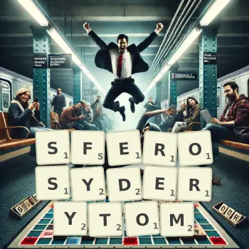 Kreatywna ilustracja do gry w Scrabble ze słowem SFEROSYDERYTOM ułożonym z płytek na planszy.