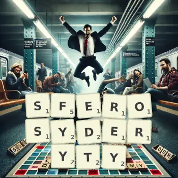 Kreatywna ilustracja do gry w Scrabble ze słowem SFEROSYDERYTY ułożonym z płytek na planszy.