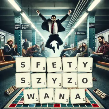 Kreatywna ilustracja do gry w Scrabble ze słowem SFETYSZYZOWANA ułożonym z płytek na planszy.