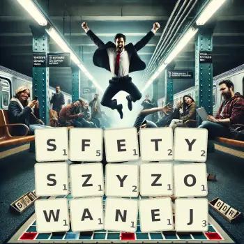 Kreatywna ilustracja do gry w Scrabble ze słowem SFETYSZYZOWANEJ ułożonym z płytek na planszy.