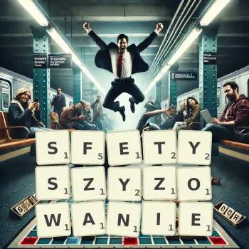 Kreatywna ilustracja do gry w Scrabble ze słowem SFETYSZYZOWANIE ułożonym z płytek na planszy.