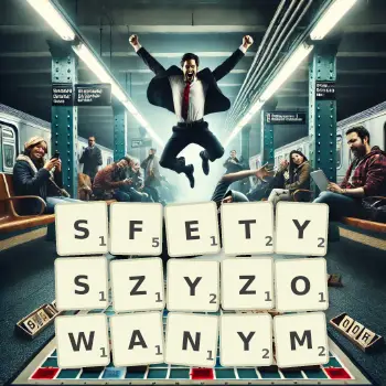 Kreatywna ilustracja do gry w Scrabble ze słowem SFETYSZYZOWANYM ułożonym z płytek na planszy.