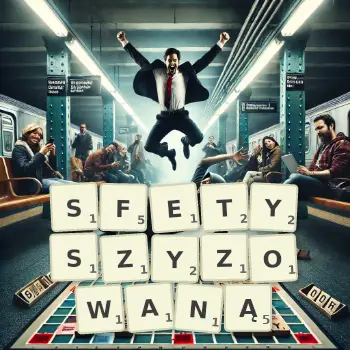 Kreatywna ilustracja do gry w Scrabble ze słowem SFETYSZYZOWANĄ ułożonym z płytek na planszy.