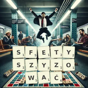 Kreatywna ilustracja do gry w Scrabble ze słowem SFETYSZYZOWAĆ ułożonym z płytek na planszy.