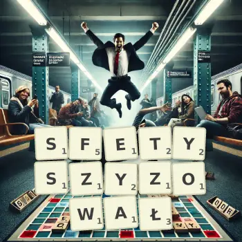 Kreatywna ilustracja do gry w Scrabble ze słowem SFETYSZYZOWAŁ ułożonym z płytek na planszy.