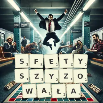 Kreatywna ilustracja do gry w Scrabble ze słowem SFETYSZYZOWAŁA ułożonym z płytek na planszy.