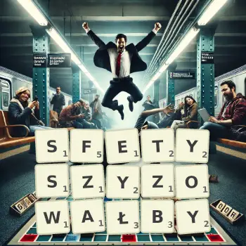 Kreatywna ilustracja do gry w Scrabble ze słowem SFETYSZYZOWAŁBY ułożonym z płytek na planszy.