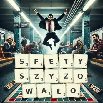 Kreatywna ilustracja do gry w Scrabble ze słowem SFETYSZYZOWAŁO ułożonym z płytek na planszy.