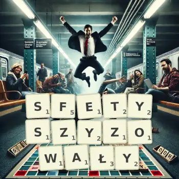 Kreatywna ilustracja do gry w Scrabble ze słowem SFETYSZYZOWAŁY ułożonym z płytek na planszy.