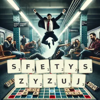 Kreatywna ilustracja do gry w Scrabble ze słowem SFETYSZYZUJ ułożonym z płytek na planszy.