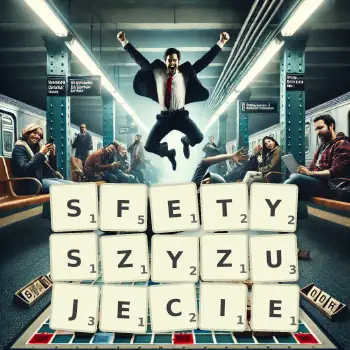 Kreatywna ilustracja do gry w Scrabble ze słowem SFETYSZYZUJECIE ułożonym z płytek na planszy.