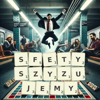 Kreatywna ilustracja do gry w Scrabble ze słowem SFETYSZYZUJEMY ułożonym z płytek na planszy.