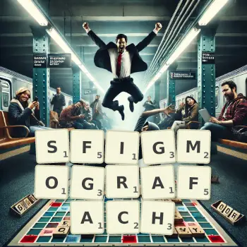 Kreatywna ilustracja do gry w Scrabble ze słowem SFIGMOGRAFACH ułożonym z płytek na planszy.