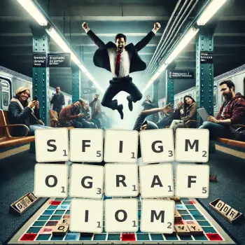 Kreatywna ilustracja do gry w Scrabble ze słowem SFIGMOGRAFIOM ułożonym z płytek na planszy.