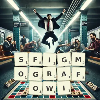 Kreatywna ilustracja do gry w Scrabble ze słowem SFIGMOGRAFOWI ułożonym z płytek na planszy.