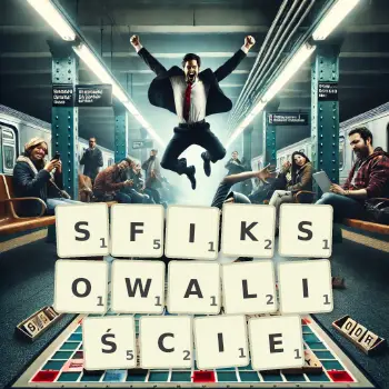 Kreatywna ilustracja do gry w Scrabble ze słowem SFIKSOWALIŚCIE ułożonym z płytek na planszy.
