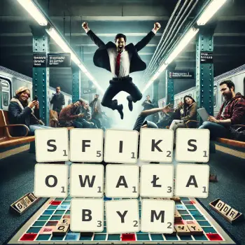 Kreatywna ilustracja do gry w Scrabble ze słowem SFIKSOWAŁABYM ułożonym z płytek na planszy.
