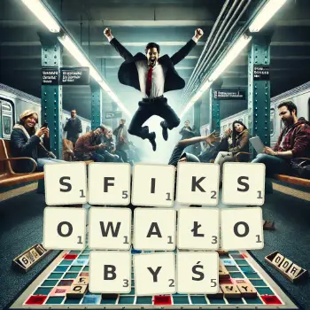 Kreatywna ilustracja do gry w Scrabble ze słowem SFIKSOWAŁOBYŚ ułożonym z płytek na planszy.
