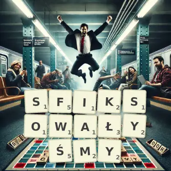 Kreatywna ilustracja do gry w Scrabble ze słowem SFIKSOWAŁYŚMY ułożonym z płytek na planszy.