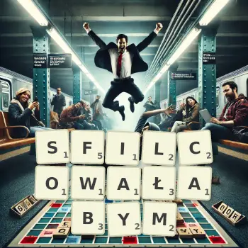 Kreatywna ilustracja do gry w Scrabble ze słowem SFILCOWAŁABYM ułożonym z płytek na planszy.