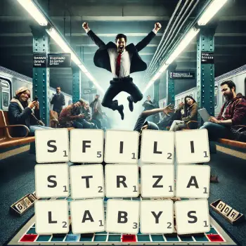 Kreatywna ilustracja do gry w Scrabble ze słowem SFILISTRZALABYS ułożonym z płytek na planszy.
