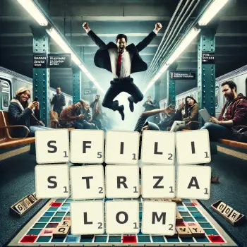 Kreatywna ilustracja do gry w Scrabble ze słowem SFILISTRZALOM ułożonym z płytek na planszy.
