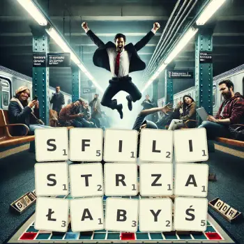 Kreatywna ilustracja do gry w Scrabble ze słowem SFILISTRZAŁABYŚ ułożonym z płytek na planszy.
