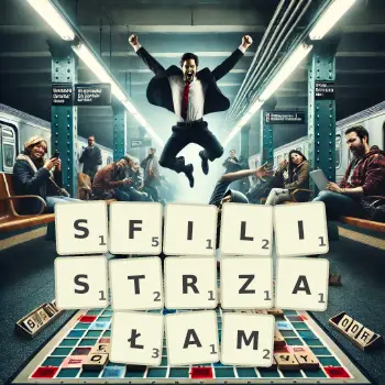 Kreatywna ilustracja do gry w Scrabble ze słowem SFILISTRZAŁAM ułożonym z płytek na planszy.