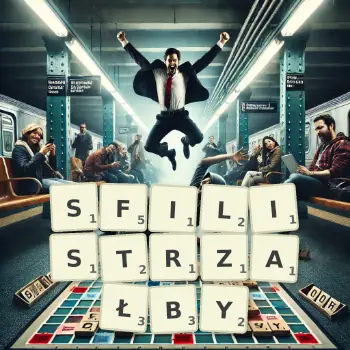 Kreatywna ilustracja do gry w Scrabble ze słowem SFILISTRZAŁBY ułożonym z płytek na planszy.