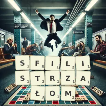 Kreatywna ilustracja do gry w Scrabble ze słowem SFILISTRZAŁOM ułożonym z płytek na planszy.