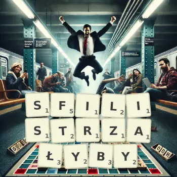 Kreatywna ilustracja do gry w Scrabble ze słowem SFILISTRZAŁYBY ułożonym z płytek na planszy.