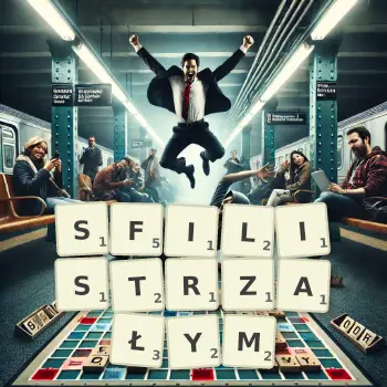 Kreatywna ilustracja do gry w Scrabble ze słowem SFILISTRZAŁYM ułożonym z płytek na planszy.