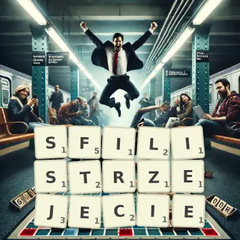 Kreatywna ilustracja do gry w Scrabble ze słowem SFILISTRZEJECIE ułożonym z płytek na planszy.