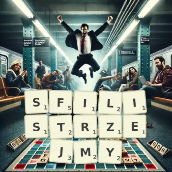 Kreatywna ilustracja do gry w Scrabble ze słowem SFILISTRZEJMY ułożonym z płytek na planszy.