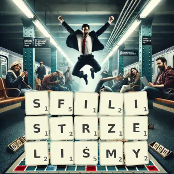 Kreatywna ilustracja do gry w Scrabble ze słowem SFILISTRZELIŚMY ułożonym z płytek na planszy.