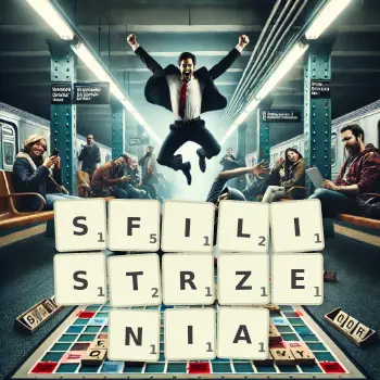 Kreatywna ilustracja do gry w Scrabble ze słowem SFILISTRZENIA ułożonym z płytek na planszy.