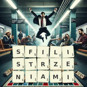 Kreatywna ilustracja do gry w Scrabble ze słowem SFILISTRZENIAMI ułożonym z płytek na planszy.