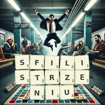 Kreatywna ilustracja do gry w Scrabble ze słowem SFILISTRZENIU ułożonym z płytek na planszy.