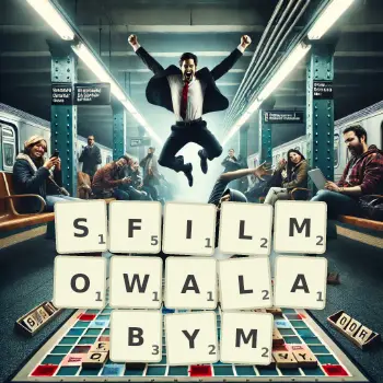 Kreatywna ilustracja do gry w Scrabble ze słowem SFILMOWALABYM ułożonym z płytek na planszy.