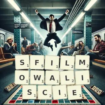 Kreatywna ilustracja do gry w Scrabble ze słowem SFILMOWALISCIE ułożonym z płytek na planszy.