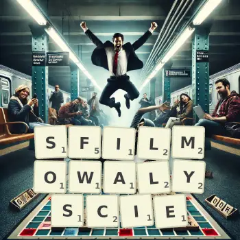 Kreatywna ilustracja do gry w Scrabble ze słowem SFILMOWALYSCIE ułożonym z płytek na planszy.