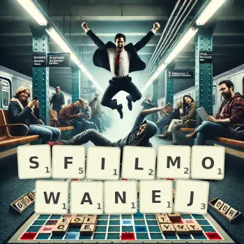 Kreatywna ilustracja do gry w Scrabble ze słowem SFILMOWANEJ ułożonym z płytek na planszy.