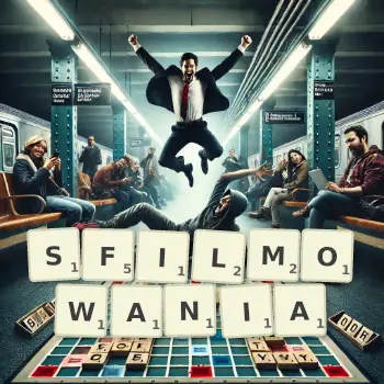 Kreatywna ilustracja do gry w Scrabble ze słowem SFILMOWANIA ułożonym z płytek na planszy.