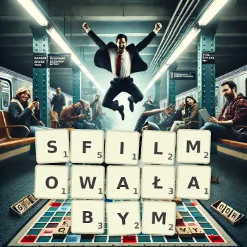 Kreatywna ilustracja do gry w Scrabble ze słowem SFILMOWAŁABYM ułożonym z płytek na planszy.