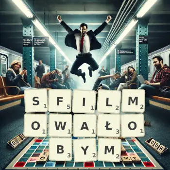 Kreatywna ilustracja do gry w Scrabble ze słowem SFILMOWAŁOBYM ułożonym z płytek na planszy.