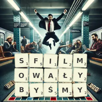 Kreatywna ilustracja do gry w Scrabble ze słowem SFILMOWAŁYBYŚMY ułożonym z płytek na planszy.