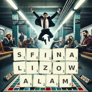 Kreatywna ilustracja do gry w Scrabble ze słowem SFINALIZOWALAM ułożonym z płytek na planszy.