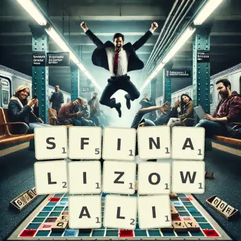 Kreatywna ilustracja do gry w Scrabble ze słowem SFINALIZOWALI ułożonym z płytek na planszy.